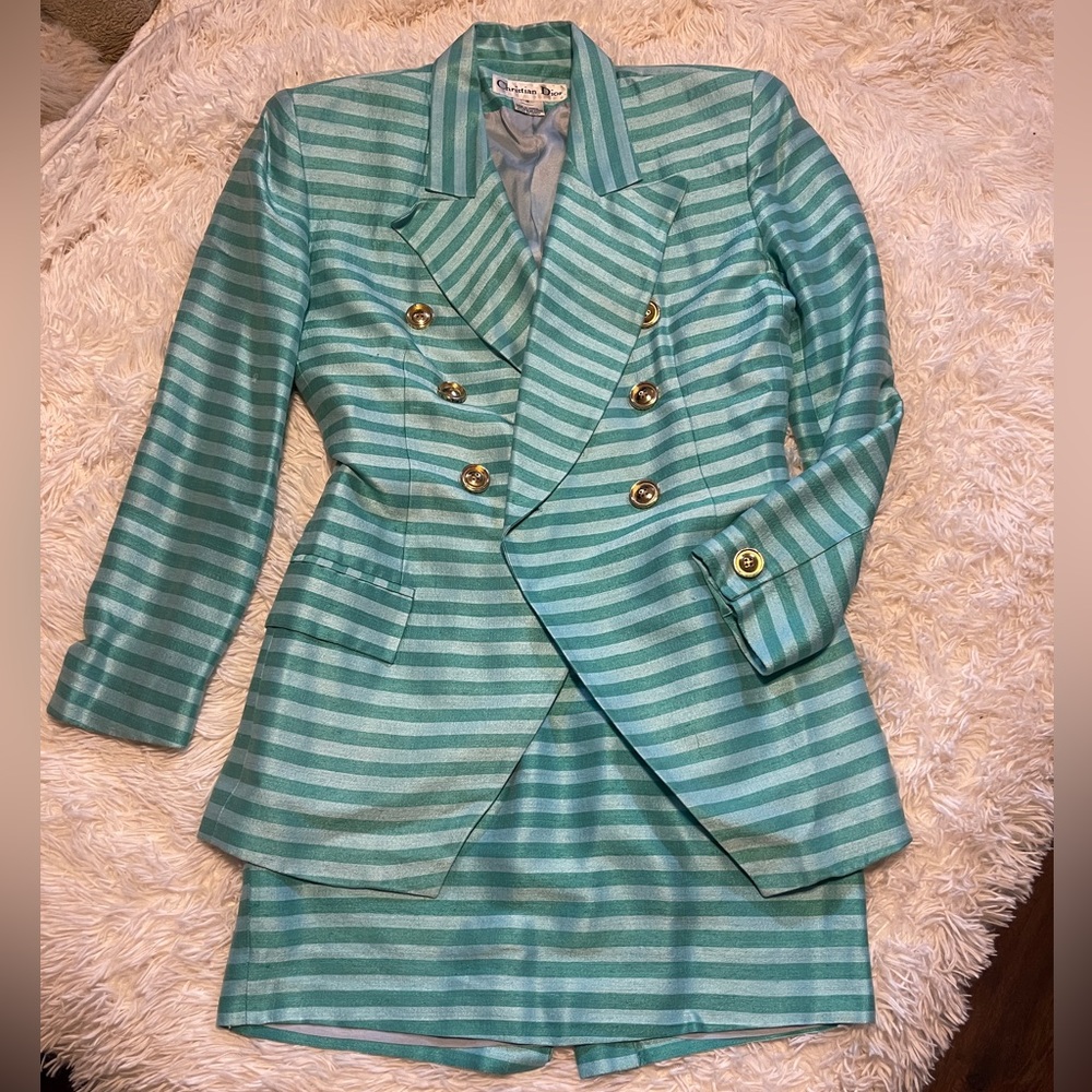 SALE: Vintage Christian Dior Silk Suit | Teal Striped Blazer and Skirt Set